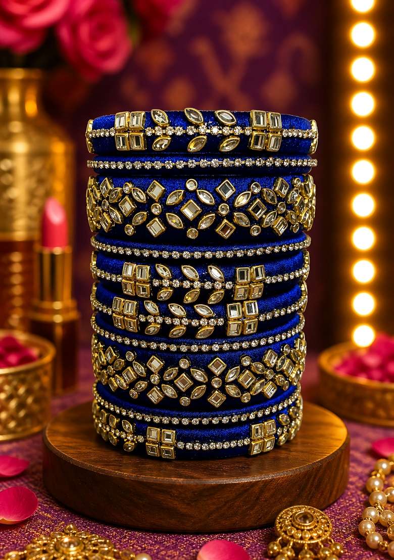 Blue Stone Work Silk Thread Bangle Set - Indya