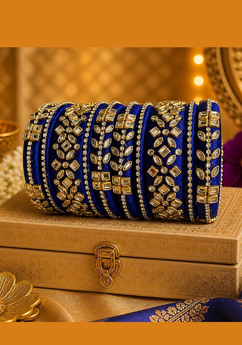 Blue Stone Work Silk Thread Bangle Set - Indya