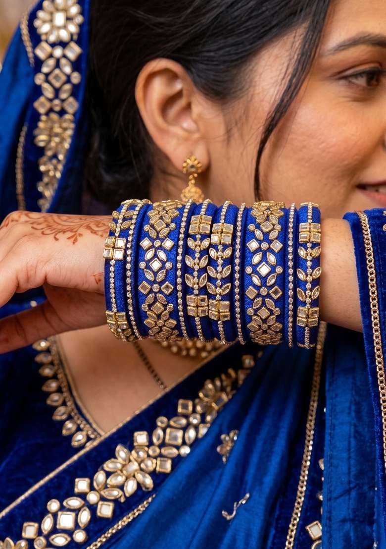 Blue Stone Work Silk Thread Bangle Set - Indya