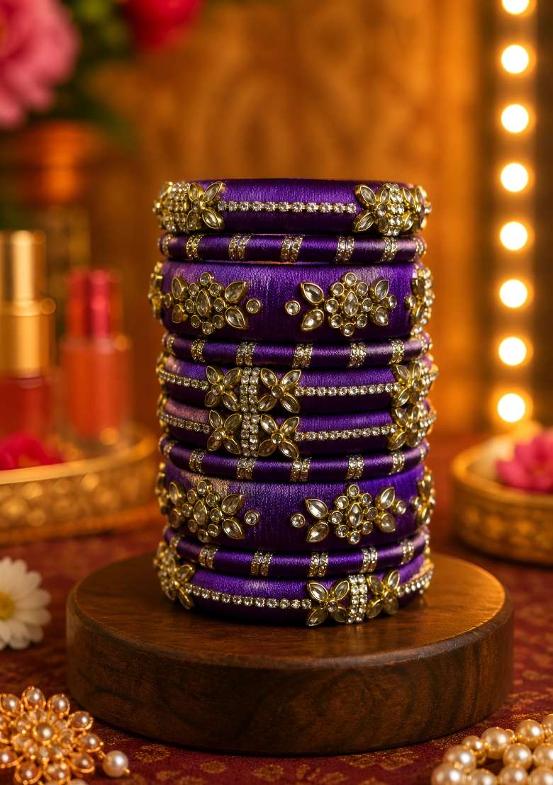 Purple Stone Work Silk Thread Bangle Set - Indya