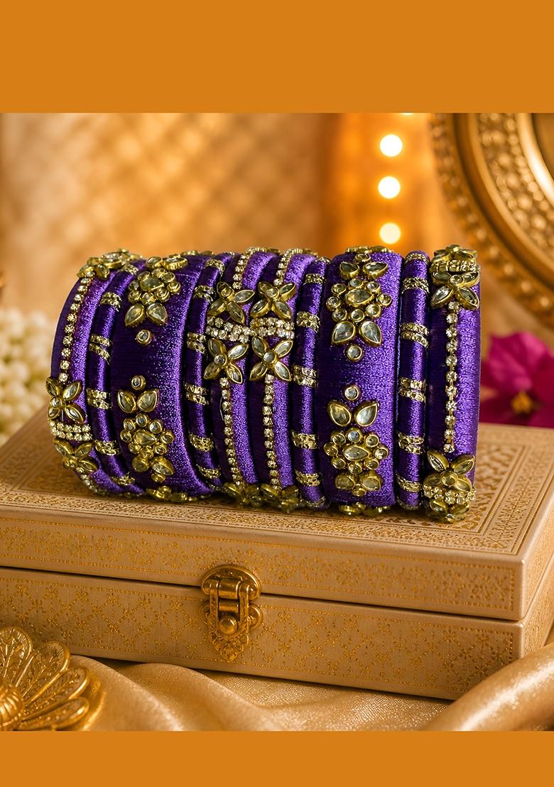 Purple Stone Work Silk Thread Bangle Set - Indya