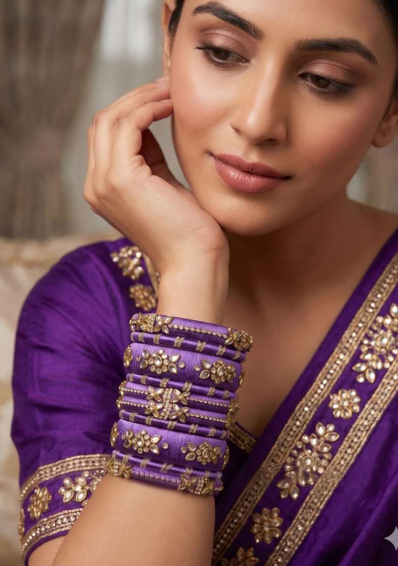 Purple Stone Work Silk Thread Bangle Set - Indya