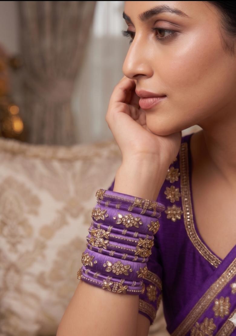 Purple Stone Work Silk Thread Bangle Set - Indya