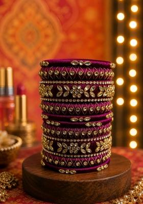 Wine Stone Work Silk Thread Bangle Set