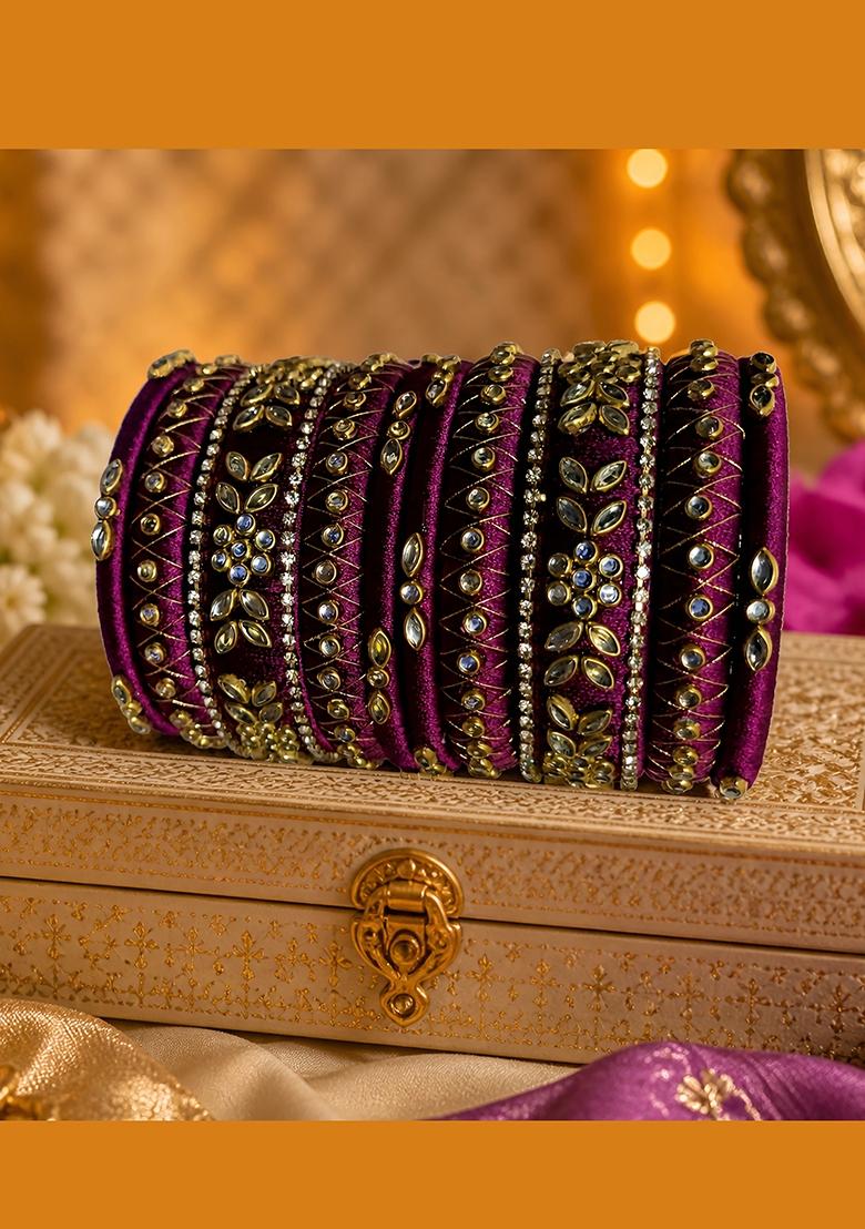 Wine Stone Work Silk Thread Bangle Set - Indya