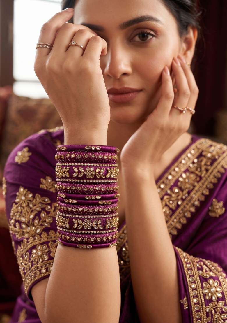 Wine Stone Work Silk Thread Bangle Set - Indya