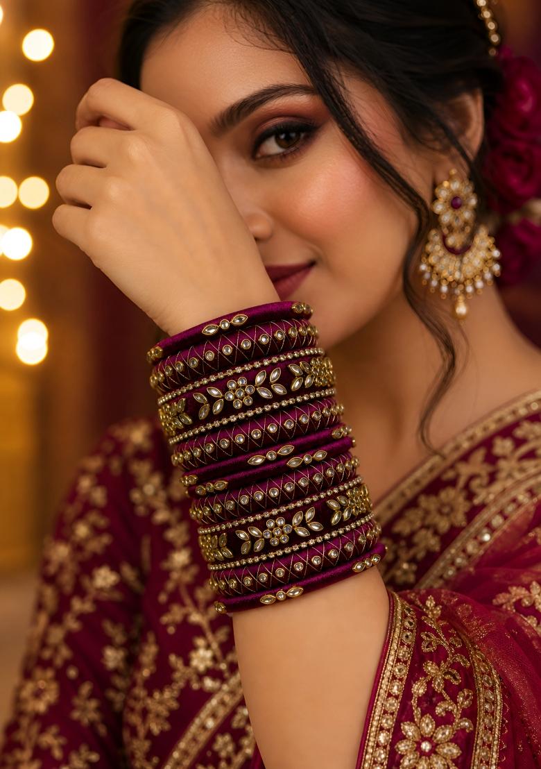 Wine Stone Work Silk Thread Bangle Set - Indya