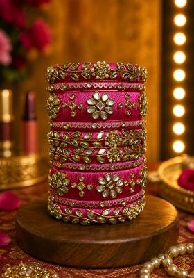 Pink Stone Work Silk Thread Bangle Set
