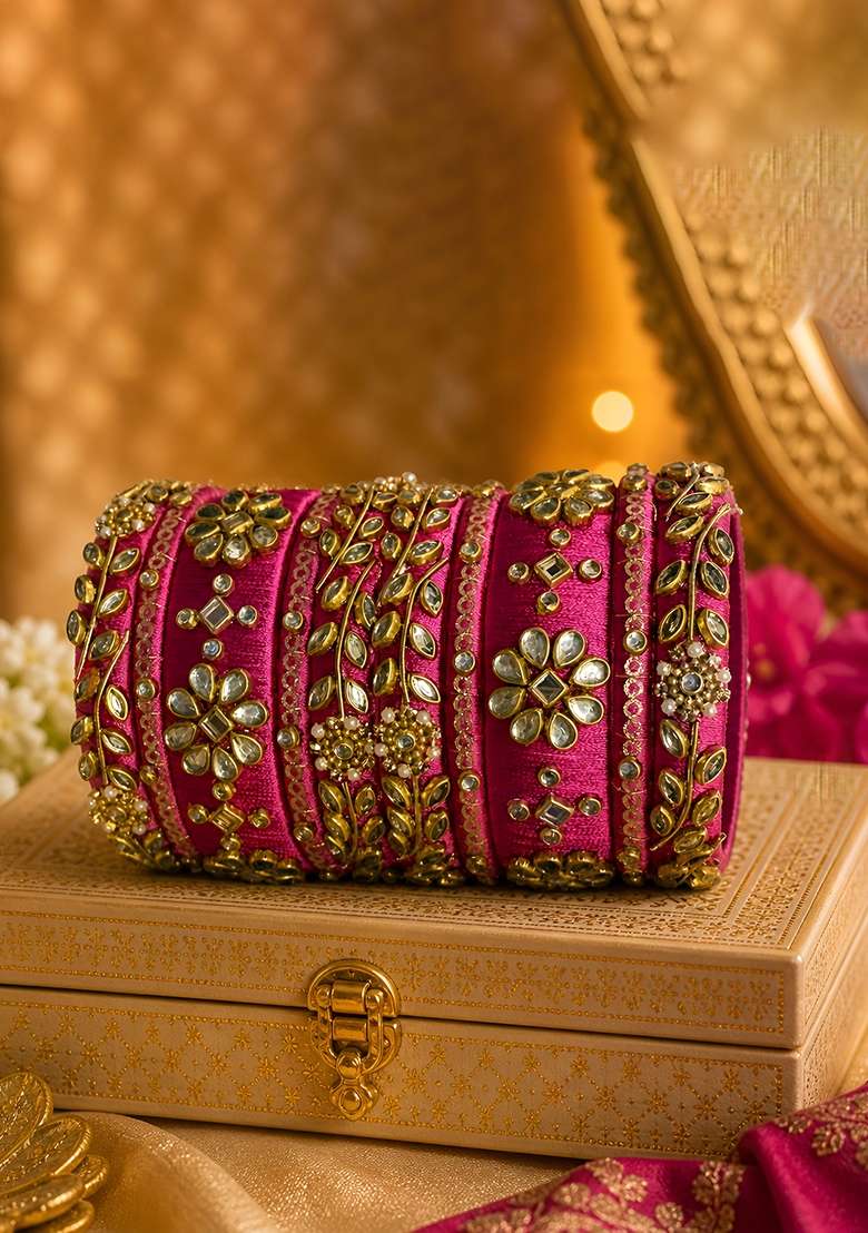 Pink Stone Work Silk Thread Bangle Set - Indya