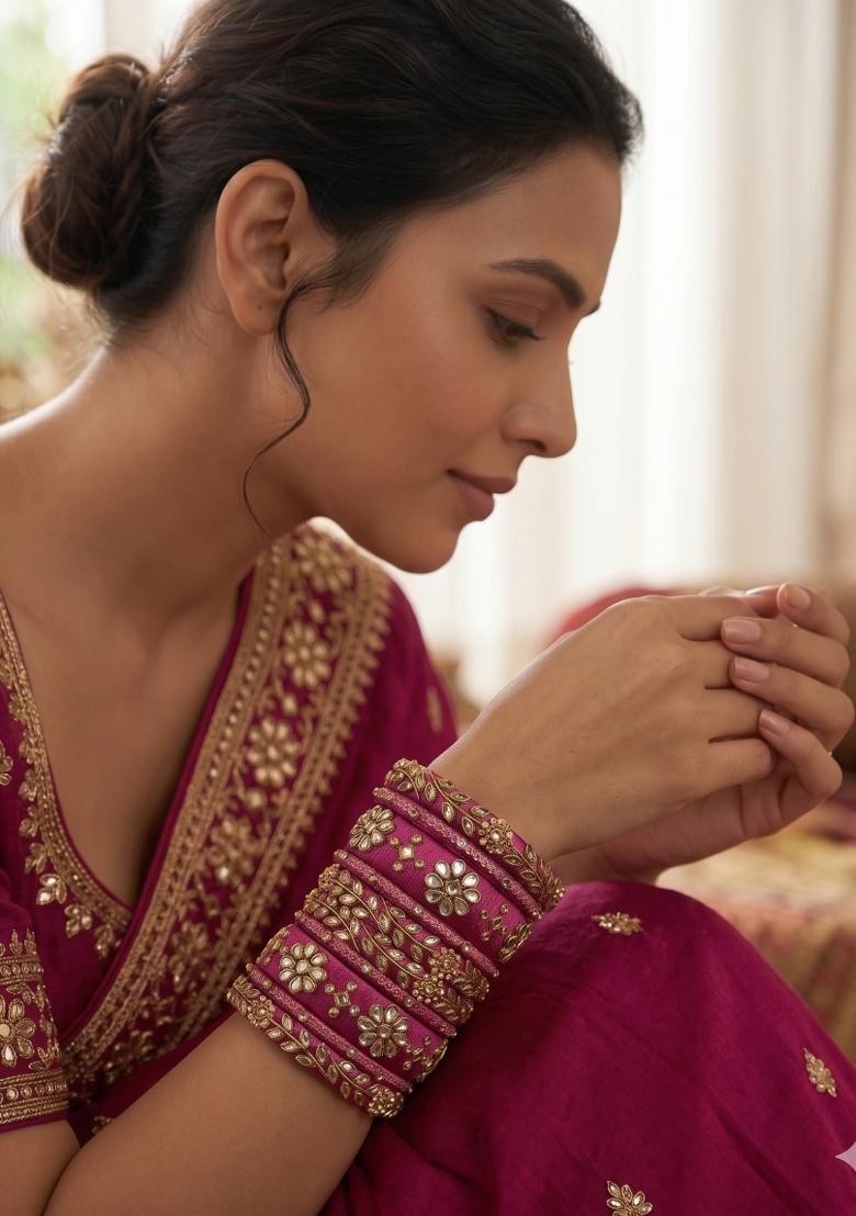 Pink Stone Work Silk Thread Bangle Set - Indya