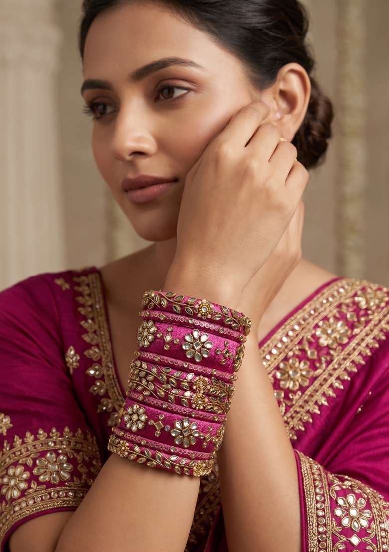 Pink Stone Work Silk Thread Bangle Set - Indya