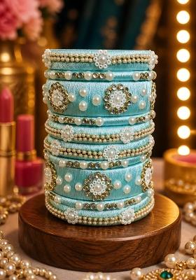 Light Blue Stone Work Silk Thread Bangle Set