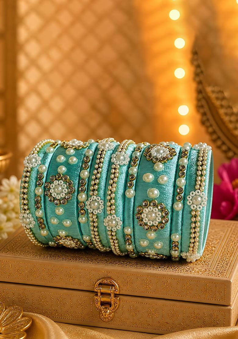Light Blue Stone Work Silk Thread Bangle Set - Indya