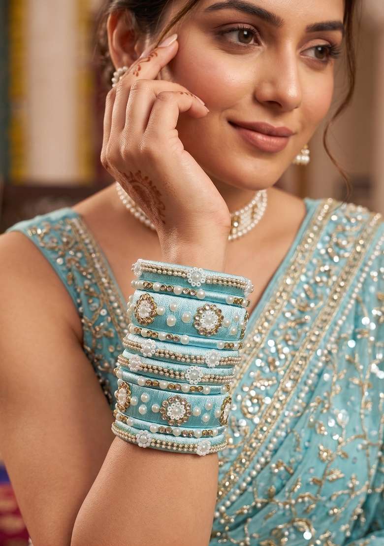 Light Blue Stone Work Silk Thread Bangle Set - Indya