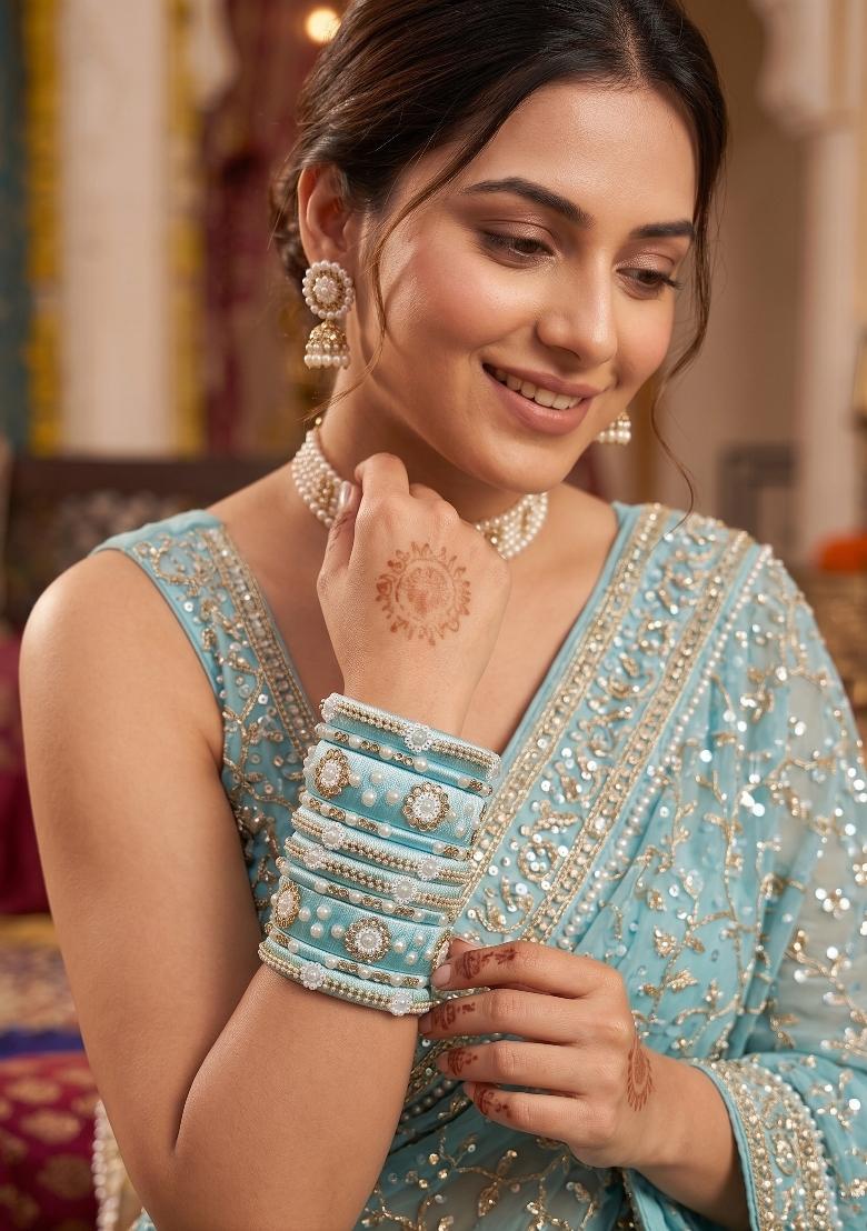 Light Blue Stone Work Silk Thread Bangle Set - Indya