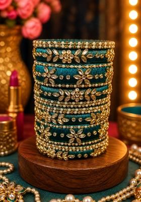 Dark Teal Stone Work Silk Thread Bangle Set