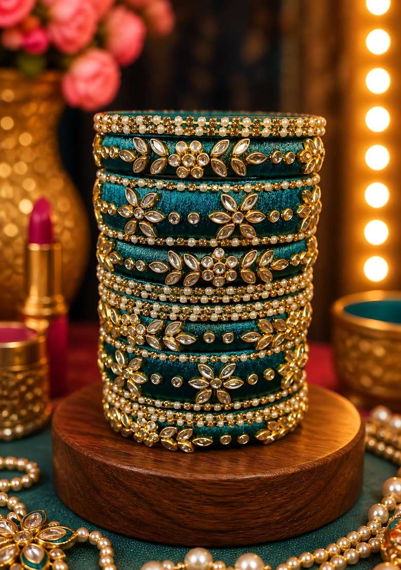 Dark Teal Stone Work Silk Thread Bangle Set - Indya