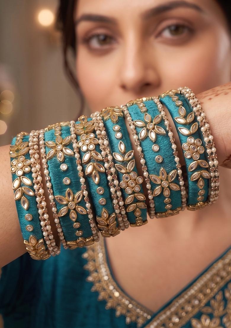Dark Teal Stone Work Silk Thread Bangle Set - Indya
