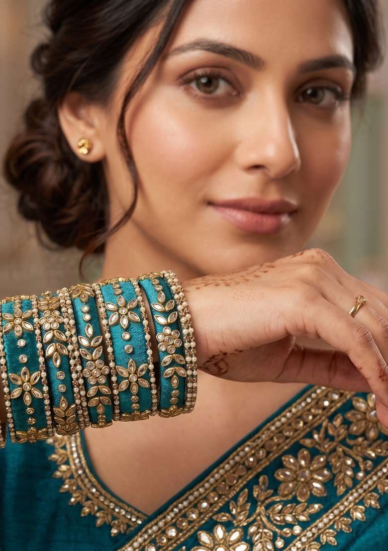 Dark Teal Stone Work Silk Thread Bangle Set - Indya