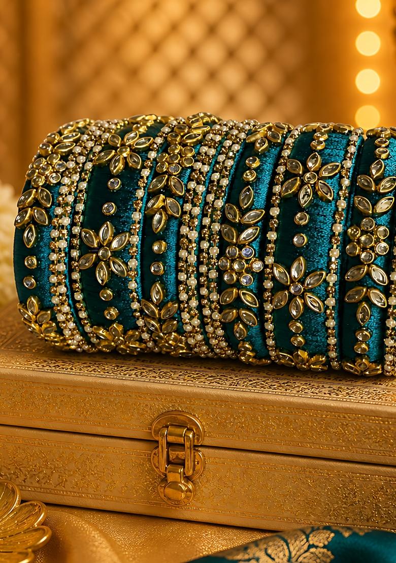 Dark Teal Stone Work Silk Thread Bangle Set - Indya