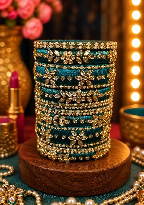 Dark Teal Stone Work Silk Thread Bangle Set