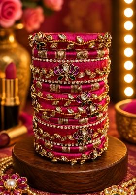 Magenta Stone Work Silk Thread Bangle Set