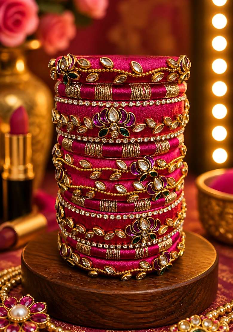 Magenta Stone Work Silk Thread Bangle Set - Indya