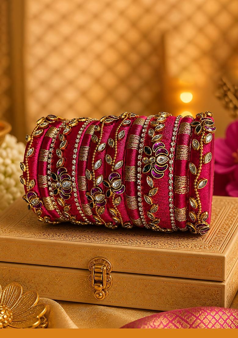 Magenta Stone Work Silk Thread Bangle Set - Indya