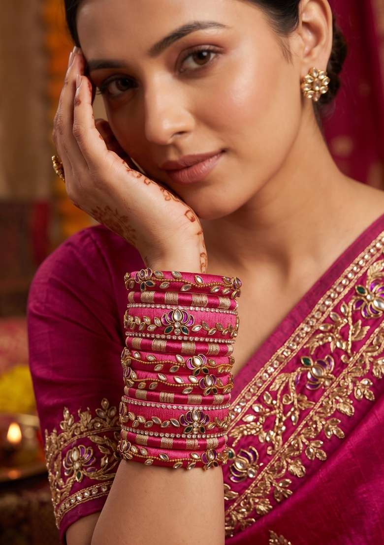 Magenta Stone Work Silk Thread Bangle Set - Indya