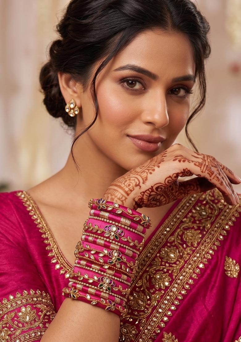 Magenta Stone Work Silk Thread Bangle Set - Indya
