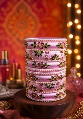 Lavender Stone Work Silk Thread Bangle Set