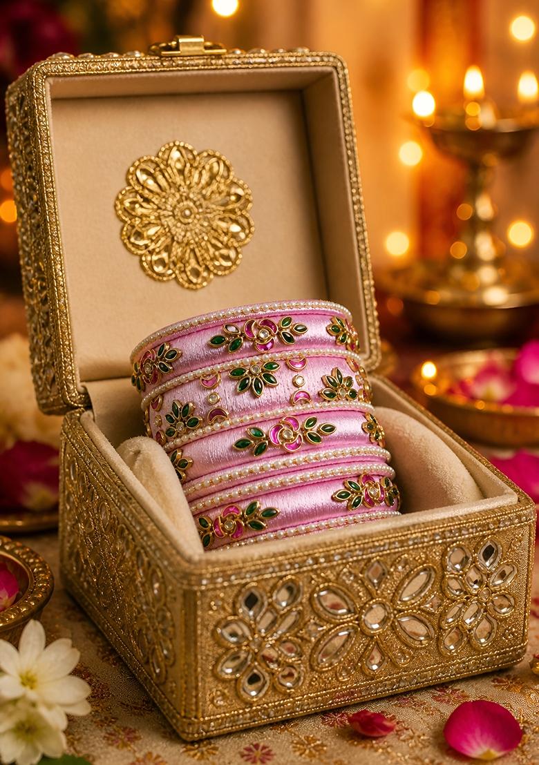 Lavender Stone Work Silk Thread Bangle Set - Indya