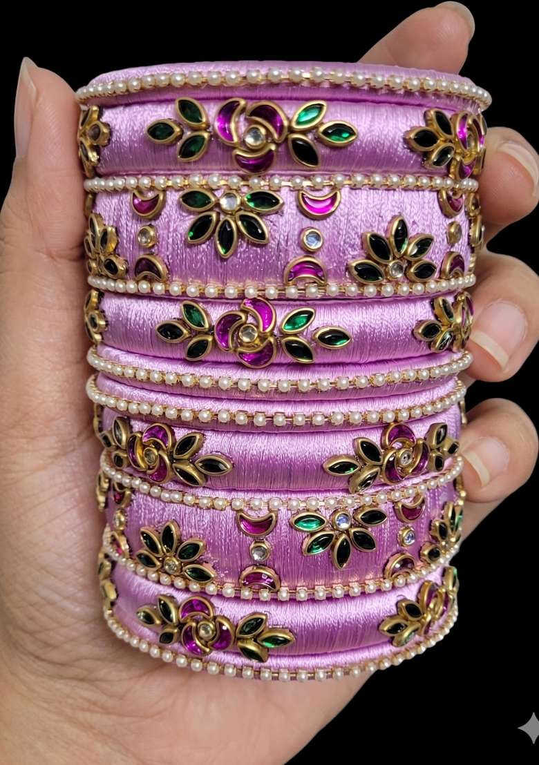 Lavender Stone Work Silk Thread Bangle Set - Indya