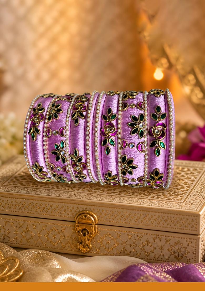 Lavender Stone Work Silk Thread Bangle Set - Indya
