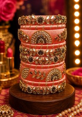 Orange Stone Work Silk Thread Bangle Set