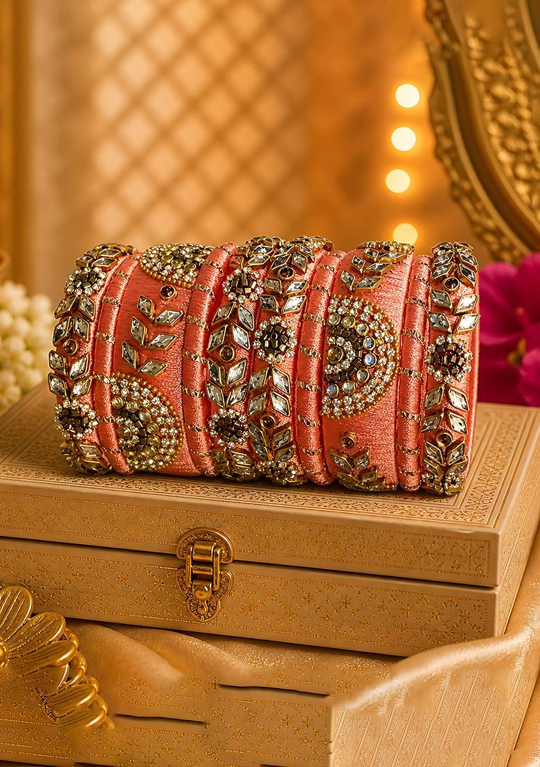 Orange Stone Work Silk Thread Bangle Set - Indya