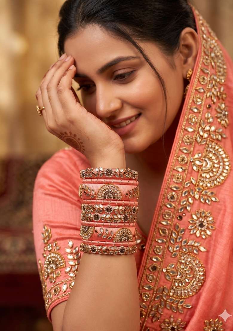 Orange Stone Work Silk Thread Bangle Set - Indya