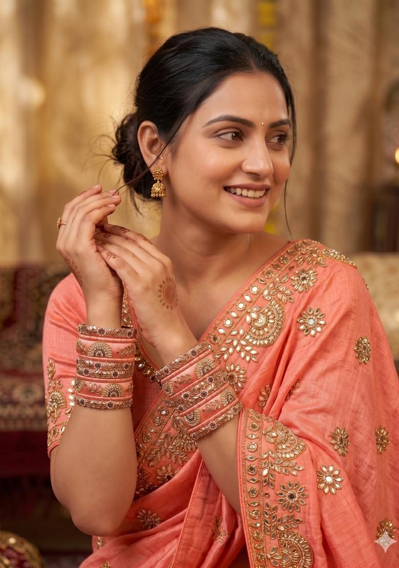 Orange Stone Work Silk Thread Bangle Set - Indya