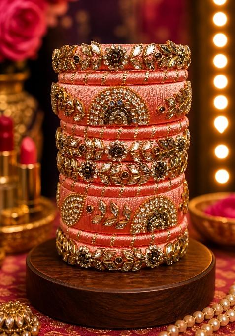 Orange Stone Work Silk Thread Bangle Set