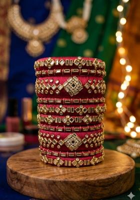 Red Stone Work Silk Thread Bangle Set