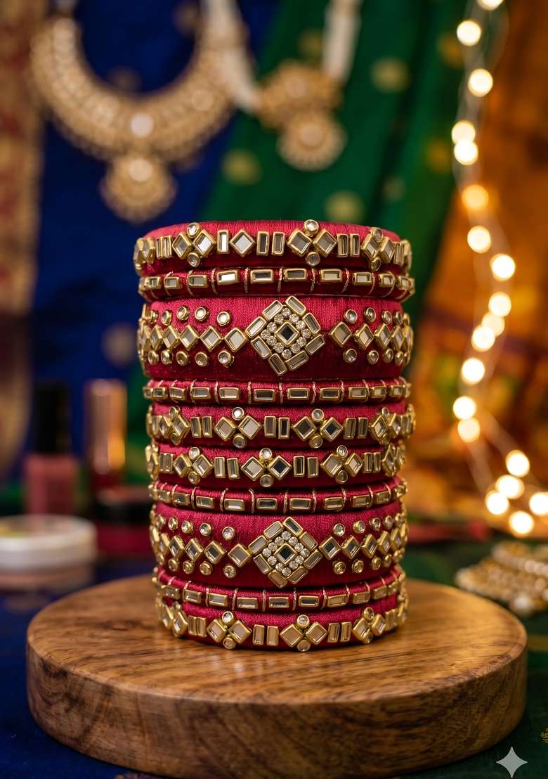 Red Stone Work Silk Thread Bangle Set - Indya