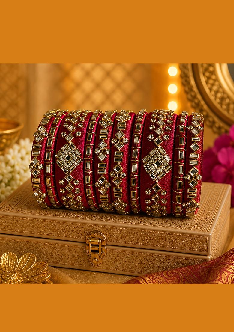 Red Stone Work Silk Thread Bangle Set - Indya