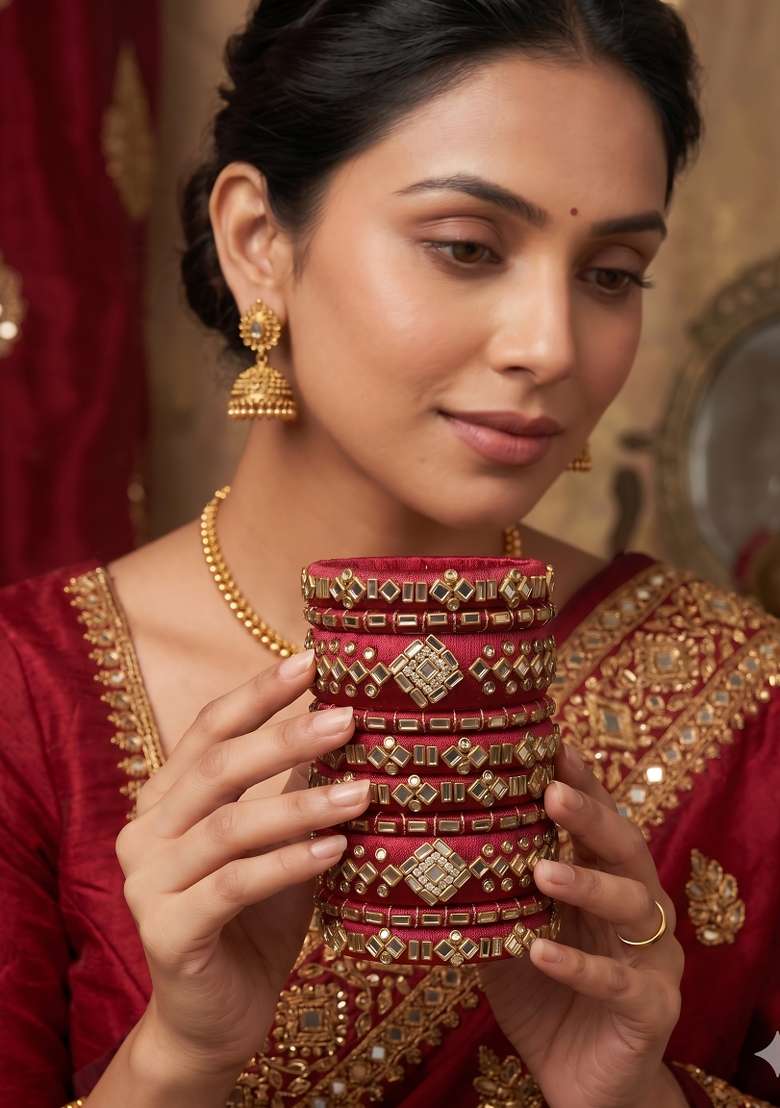 Red Stone Work Silk Thread Bangle Set - Indya