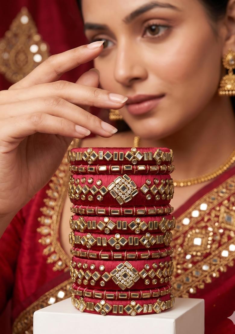 Red Stone Work Silk Thread Bangle Set - Indya