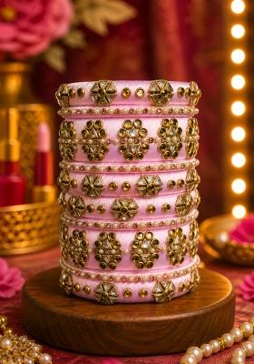Light Pink Stone Work Silk Thread Bangle Set