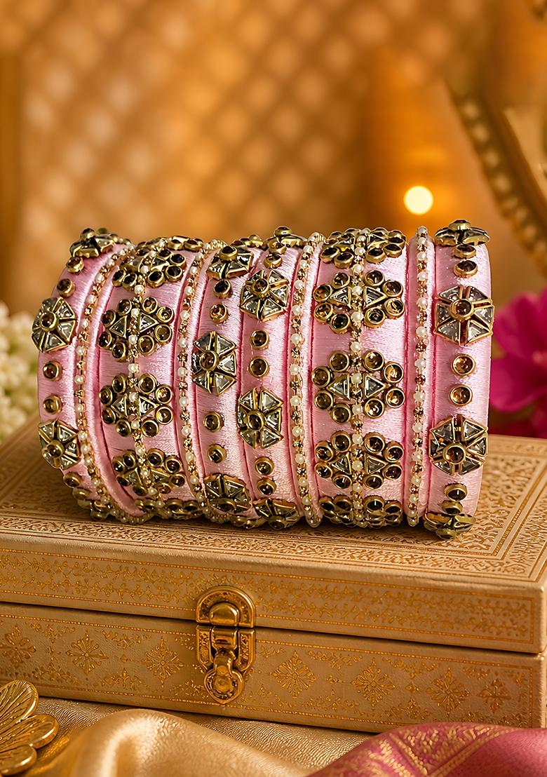 Light Pink Stone Work Silk Thread Bangle Set - Indya