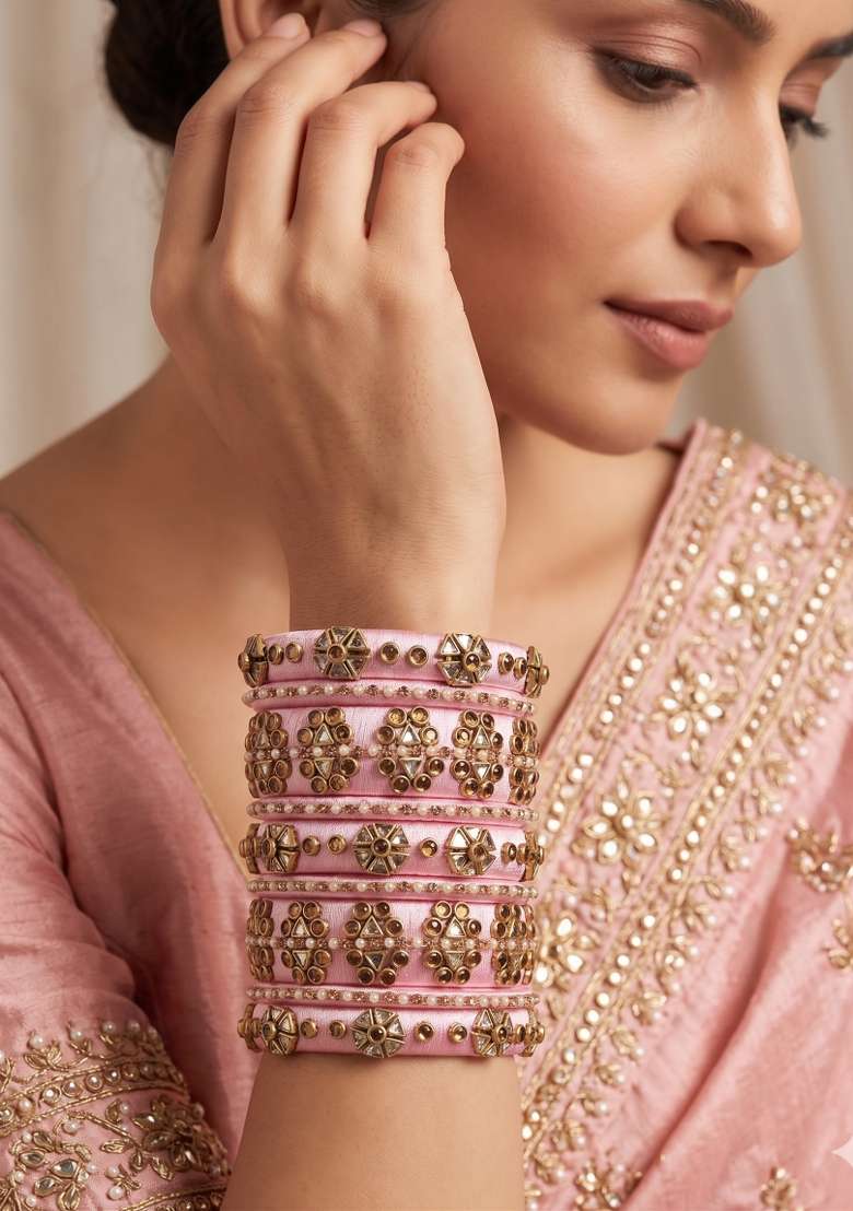 Light Pink Stone Work Silk Thread Bangle Set - Indya