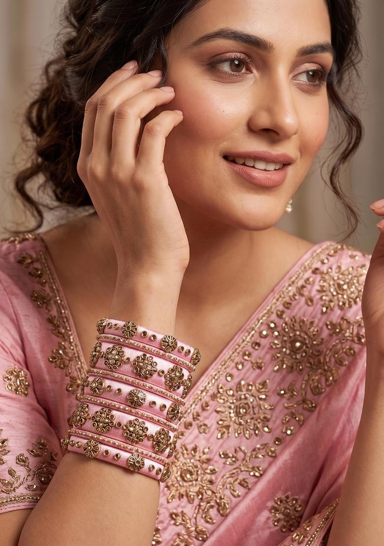 Light Pink Stone Work Silk Thread Bangle Set - Indya