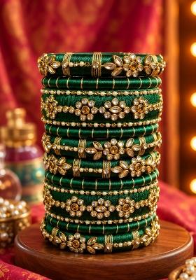 Dark Teal Stone Work Silk Thread Bangle Set