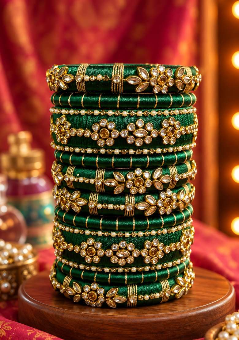 Dark Teal Stone Work Silk Thread Bangle Set - Indya